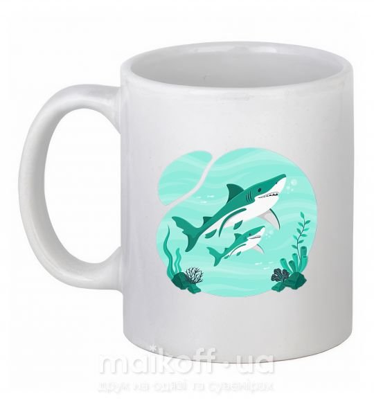 Чашка керамическая Бирюзовые акулы Белый фото