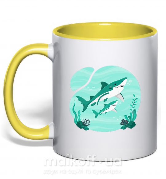 Чашка с цветной ручкой Бирюзовые акулы Солнечно желтый фото