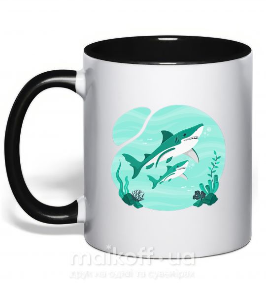 Чашка с цветной ручкой Бирюзовые акулы Черный фото