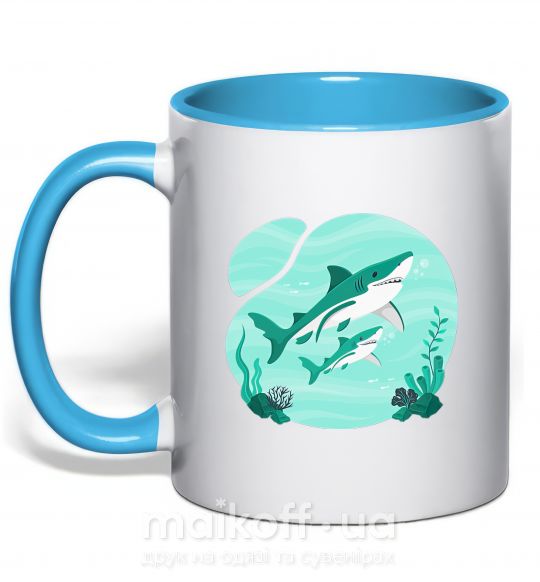 Чашка с цветной ручкой Бирюзовые акулы Голубой фото
