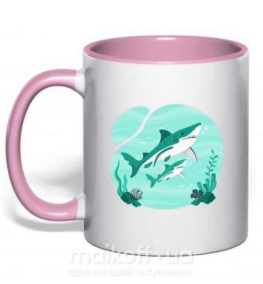 Чашка з кольоровою ручкою Бирюзовые акулы Ніжно рожевий фото