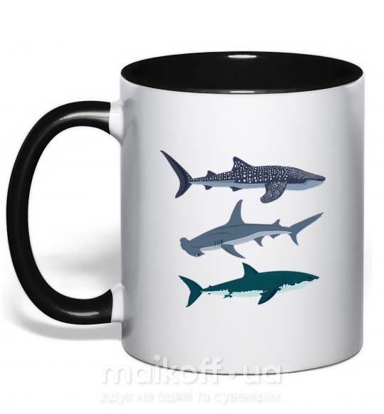 Чашка з кольоровою ручкою Три акулы Чорний фото