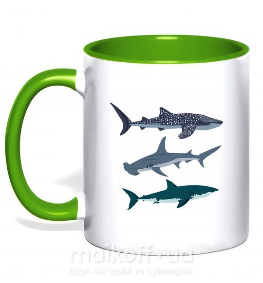Чашка з кольоровою ручкою Три акулы Зелений фото