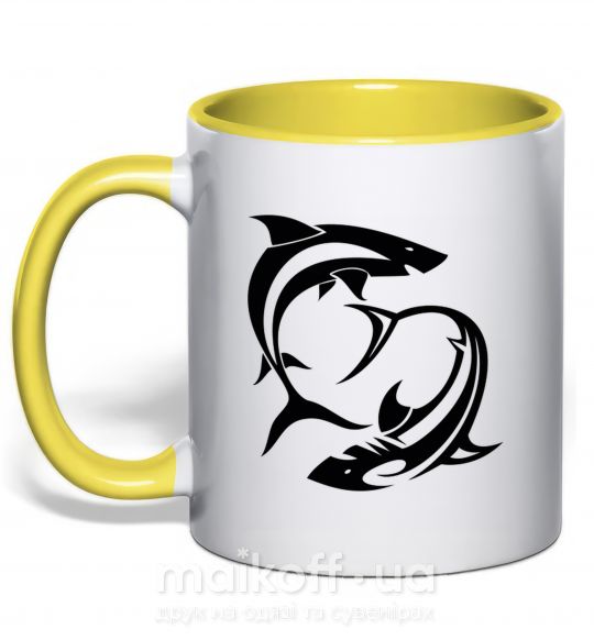 Чашка с цветной ручкой Две акулы Солнечно желтый фото