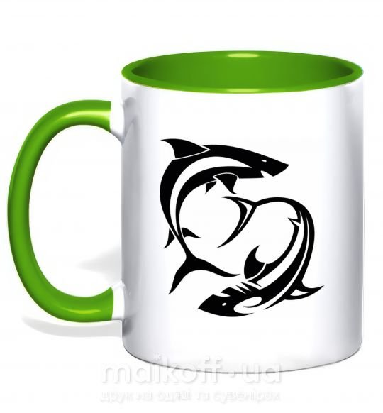 Чашка з кольоровою ручкою Две акулы Зелений фото