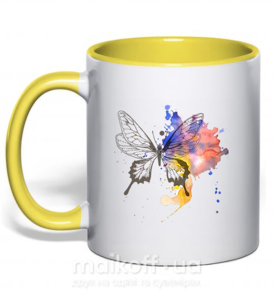 Чашка з кольоровою ручкою Бабочка краски Сонячно жовтий фото