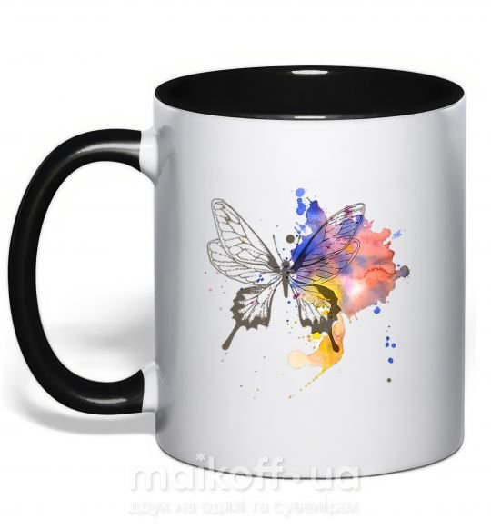 Чашка з кольоровою ручкою Бабочка краски Чорний фото