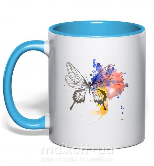 Чашка з кольоровою ручкою Бабочка краски Блакитний фото