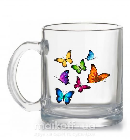 Чашка стеклянная Разноцветные Бабочки Прозрачный фото