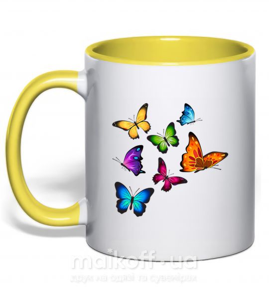 Чашка з кольоровою ручкою Разноцветные Бабочки Сонячно жовтий фото