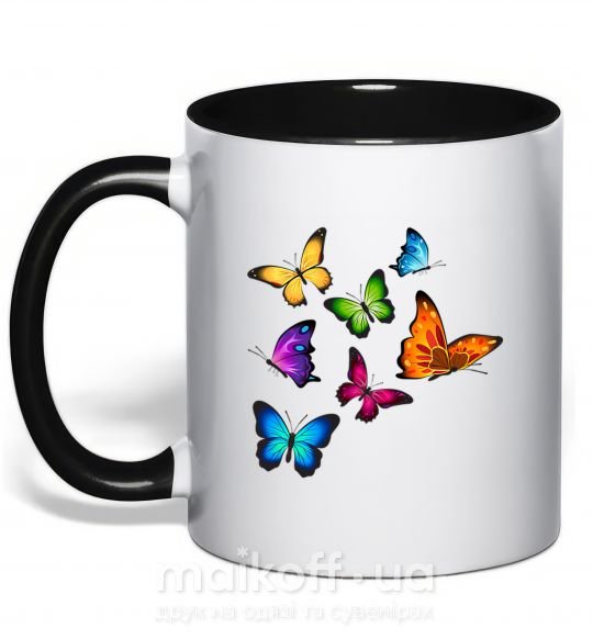 Чашка с цветной ручкой Разноцветные Бабочки Черный фото