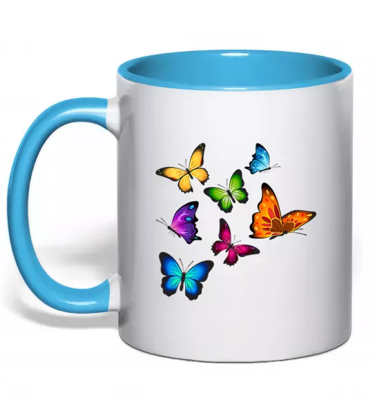 Чашка с цветной ручкой Різнокольорові метелики Голубой фото