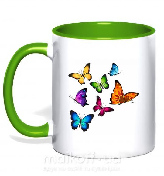 Чашка с цветной ручкой Разноцветные Бабочки Зеленый фото