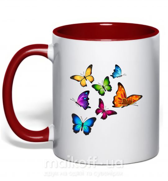 Чашка з кольоровою ручкою Разноцветные Бабочки Червоний фото