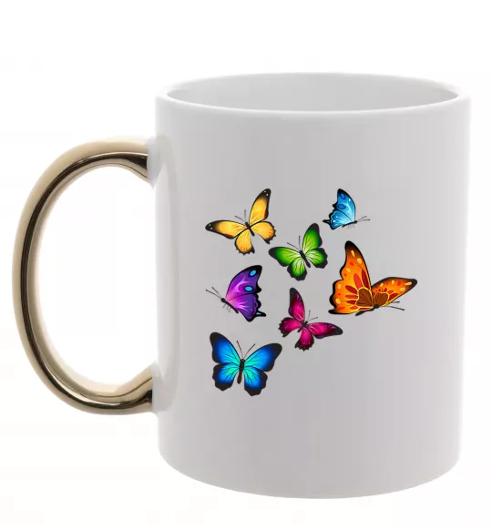 Чашка с цветной ручкой Різнокольорові метелики Золото фото