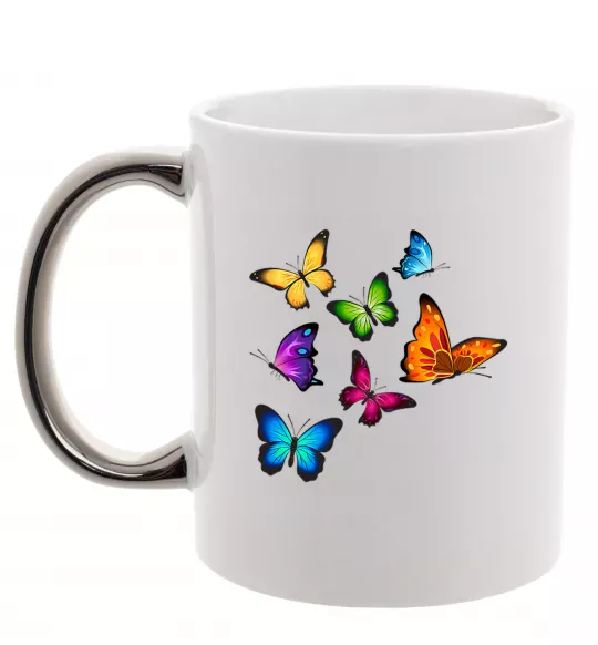 Чашка с цветной ручкой Різнокольорові метелики Серебро фото