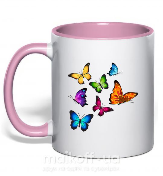 Чашка з кольоровою ручкою Разноцветные Бабочки Ніжно рожевий фото