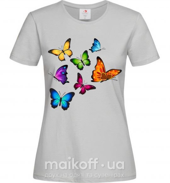 Женская футболка Разноцветные Бабочки Серый фото