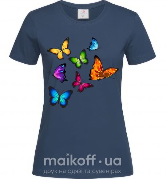Женская футболка Разноцветные Бабочки Темно-синий фото