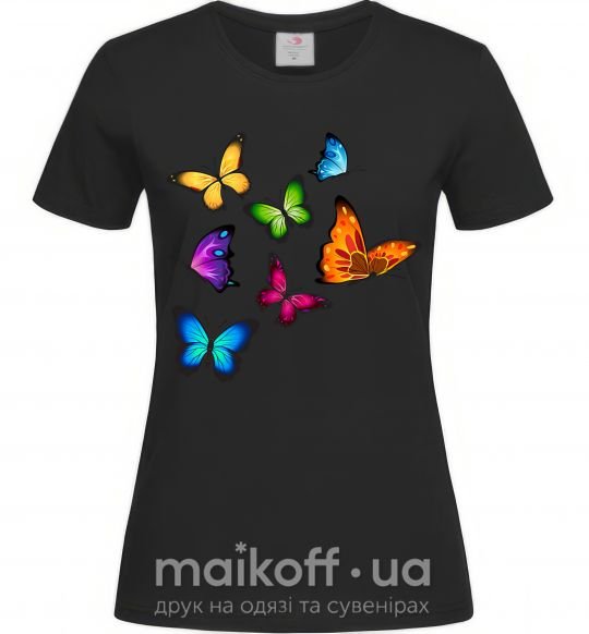 Женская футболка Разноцветные Бабочки Черный фото