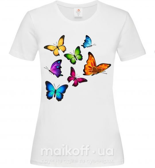 Женская футболка Разноцветные Бабочки Белый фото