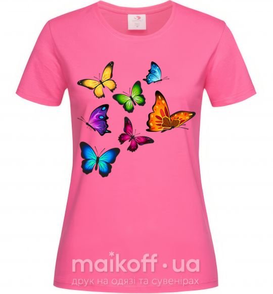 Женская футболка Разноцветные Бабочки Ярко-розовый фото