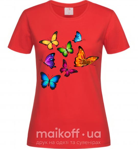 Женская футболка Разноцветные Бабочки Красный фото