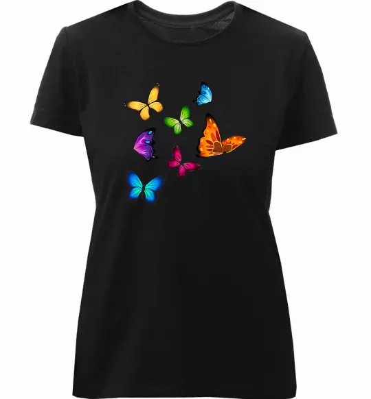 Женская премиум футболка Різнокольорові метелики Черный фото