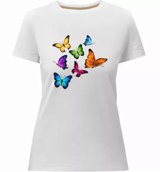 Женская премиум футболка Різнокольорові метелики Белый фото