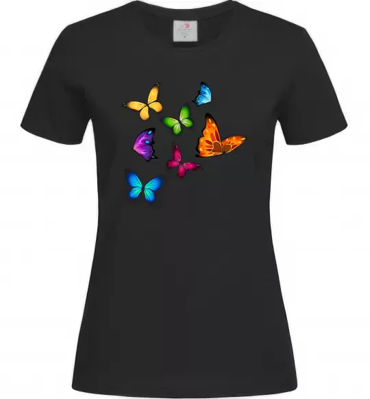 Женская футболка Різнокольорові метелики Черный фото