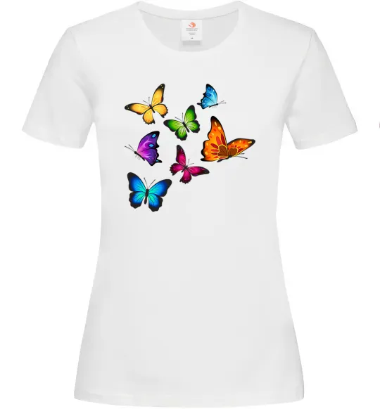 Женская футболка Різнокольорові метелики Белый фото