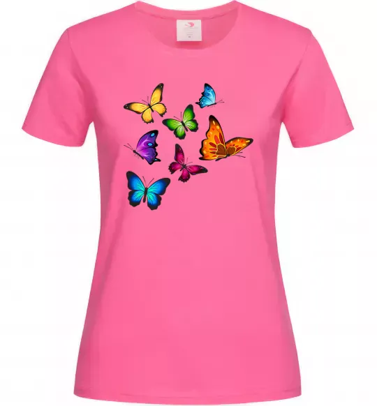 Женская футболка Різнокольорові метелики Ярко-розовый фото