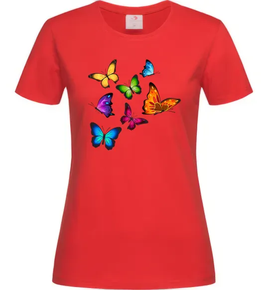 Женская футболка Різнокольорові метелики Красный фото