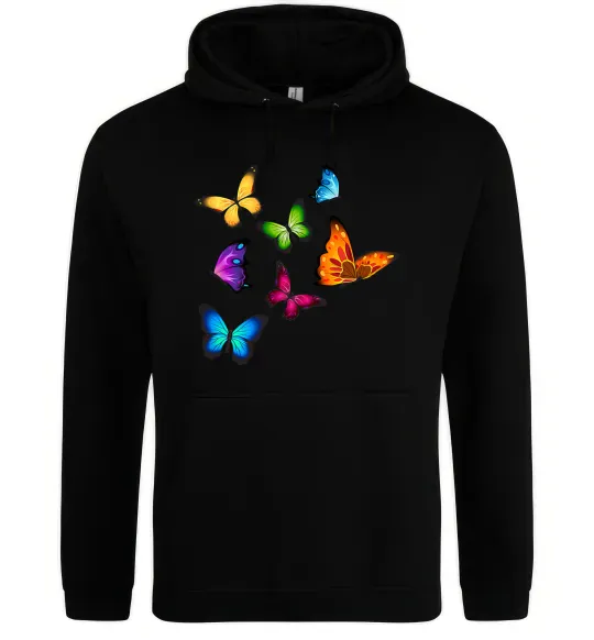 Мужская толстовка (худи) Різнокольорові метелики Черный фото