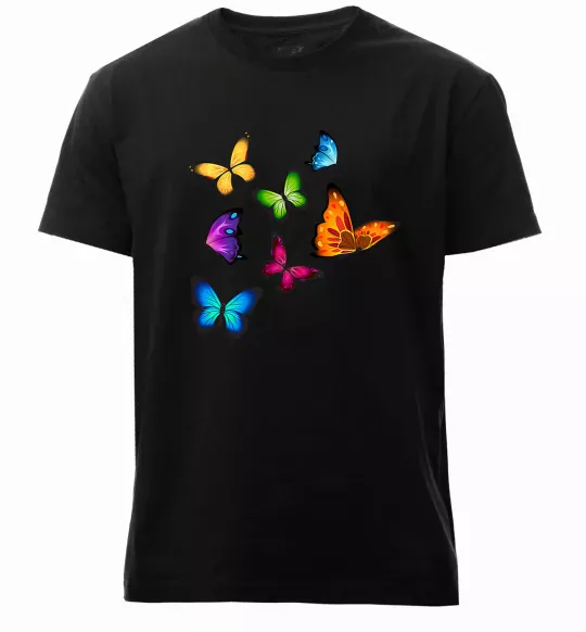 Чоловіча преміум футболка Різнокольорові метелики Чорний фото