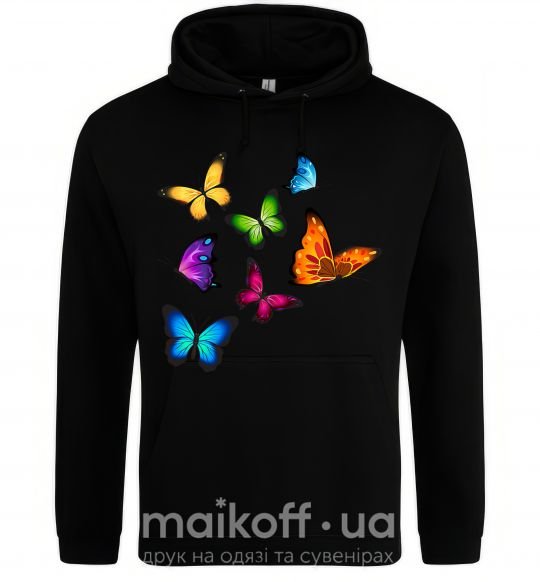 Женская толстовка (худи) Разноцветные Бабочки Черный фото
