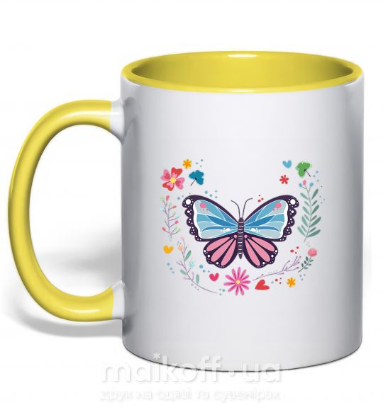 Чашка з кольоровою ручкою Бабочки в Цветах Сонячно жовтий фото