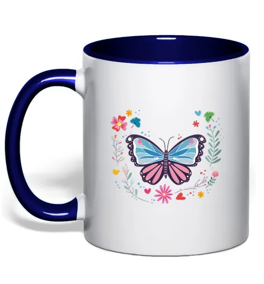 Чашка с цветной ручкой Метелики в квітах Глубокий темно-синий фото