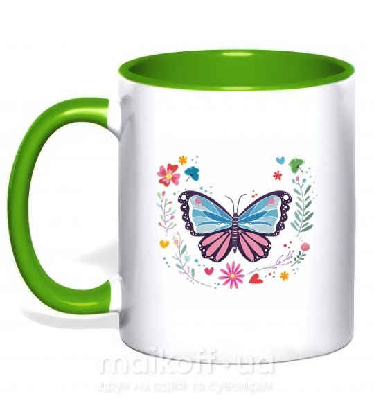 Чашка с цветной ручкой Бабочки в Цветах Зеленый фото
