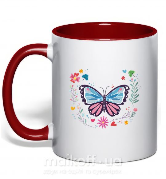Чашка з кольоровою ручкою Бабочки в Цветах Червоний фото