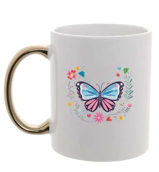 Чашка с цветной ручкой Метелики в квітах Золото фото