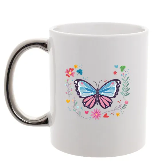 Чашка с цветной ручкой Метелики в квітах Серебро фото