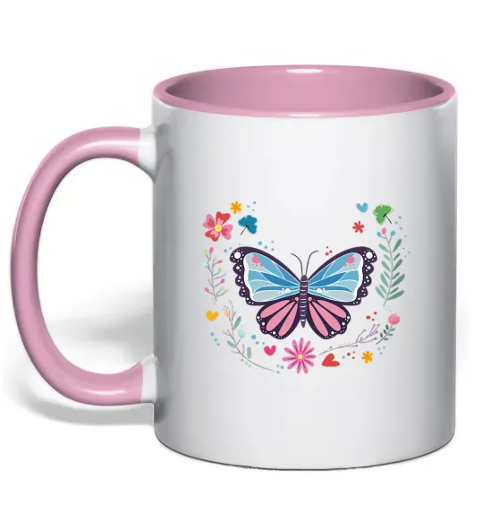 Чашка с цветной ручкой Метелики в квітах Нежно розовый фото