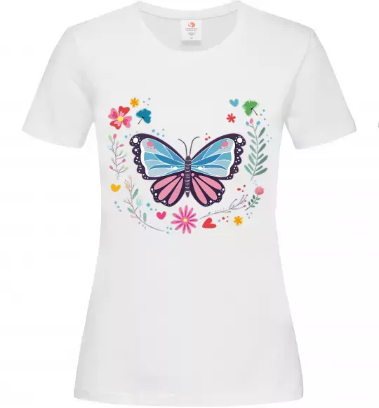 Женская футболка Метелики в квітах Белый фото