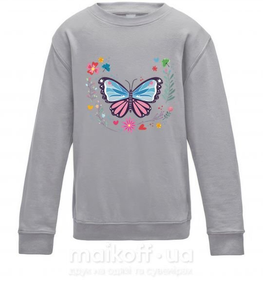 Детский Свитшот Бабочки в Цветах Серый меланж фото