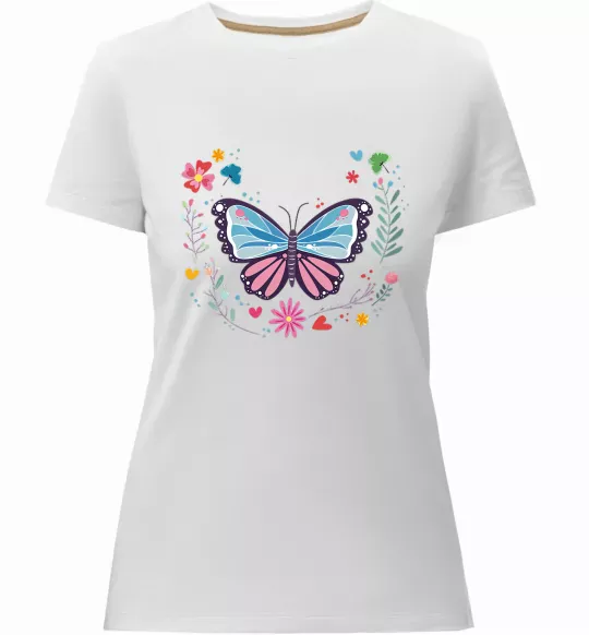 Женская премиум футболка Метелики в квітах Белый фото