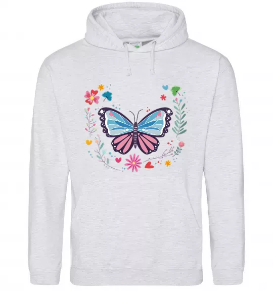 Мужская толстовка (худи) Метелики в квітах Серый меланж фото