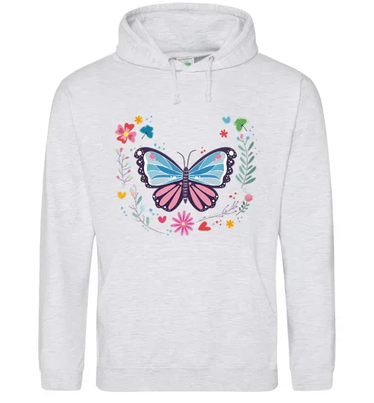 Женская толстовка (худи) Метелики в квітах Серый меланж фото