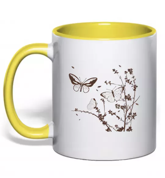 Чашка з кольоровою ручкою Метелики на гілках Сонячно жовтий фото