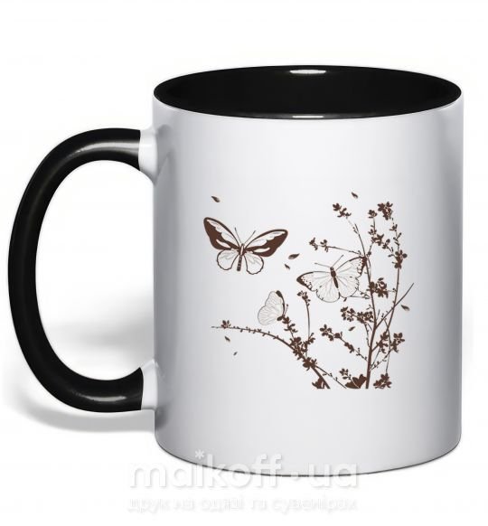 Чашка с цветной ручкой Бабочки в Ветвях Черный фото